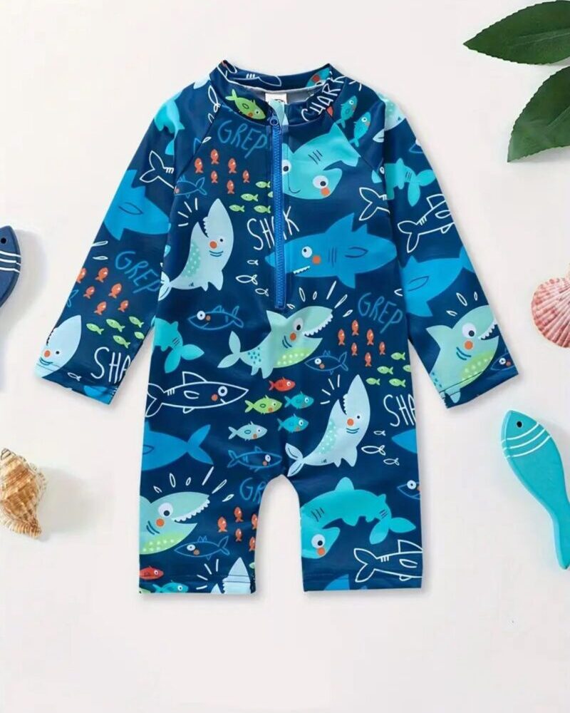 Fish printed Long Sleeve Baby  Boy one piece swim wear