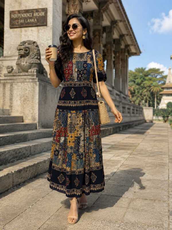 Sienna Puff Sleeve Cotton Boho Dress - Black - Image 4