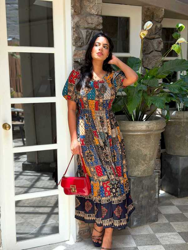 Sienna Puff Sleeve Cotton Boho Dress - Black - Image 3